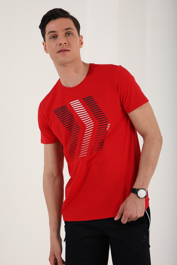 Kırmızı Karışık Harf Rakam Baskılı Rahat Form O Yaka Erkek T-Shirt - 87960