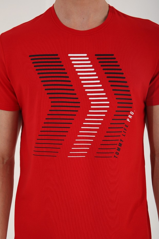 Kırmızı Karışık Harf Rakam Baskılı Rahat Form O Yaka Erkek T-Shirt - 87960