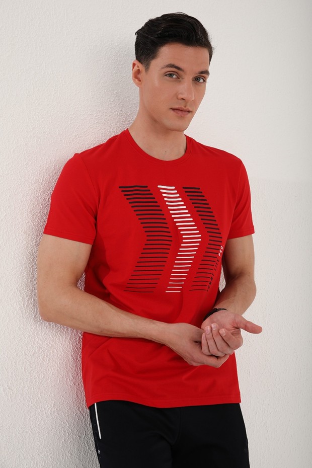 Kırmızı Karışık Harf Rakam Baskılı Rahat Form O Yaka Erkek T-Shirt - 87960