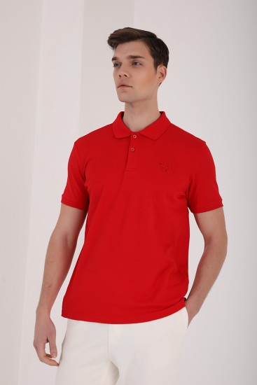 Kırmızı Klasik Black Yazı Nakışlı Standart Kalıp Polo Yaka Erkek T-Shirt - 87760 