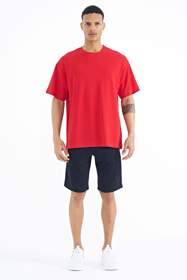 Kırmızı Kol Arma Detaylı Basic Oversize Erkek T-Shirt - 88193 - 2