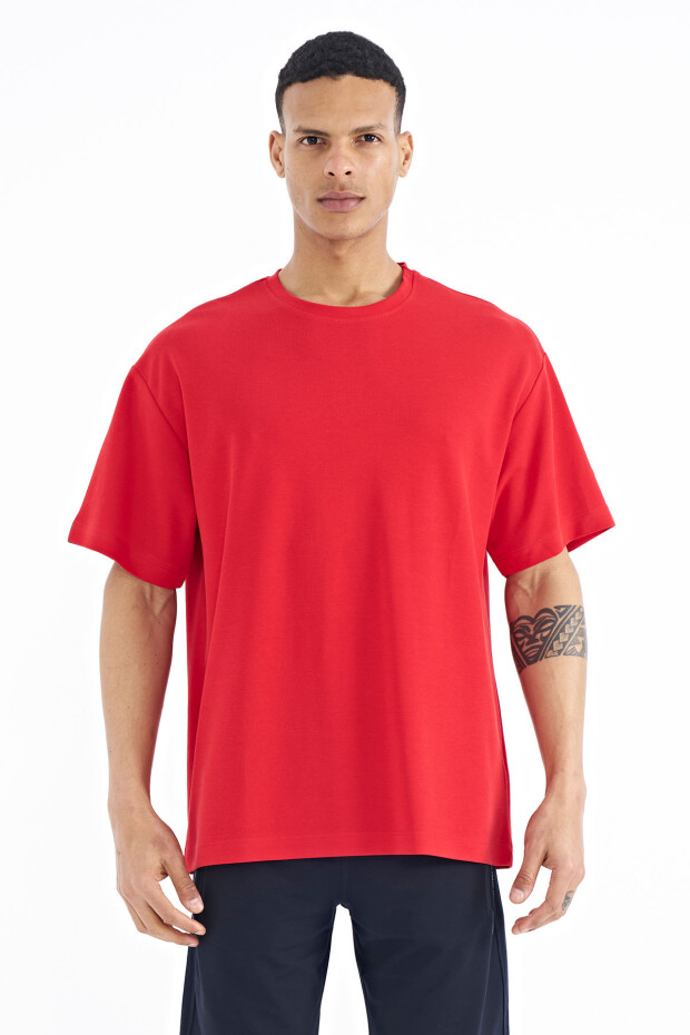 Kırmızı Kol Arma Detaylı Basic Oversize Erkek T-Shirt - 88193 - 1