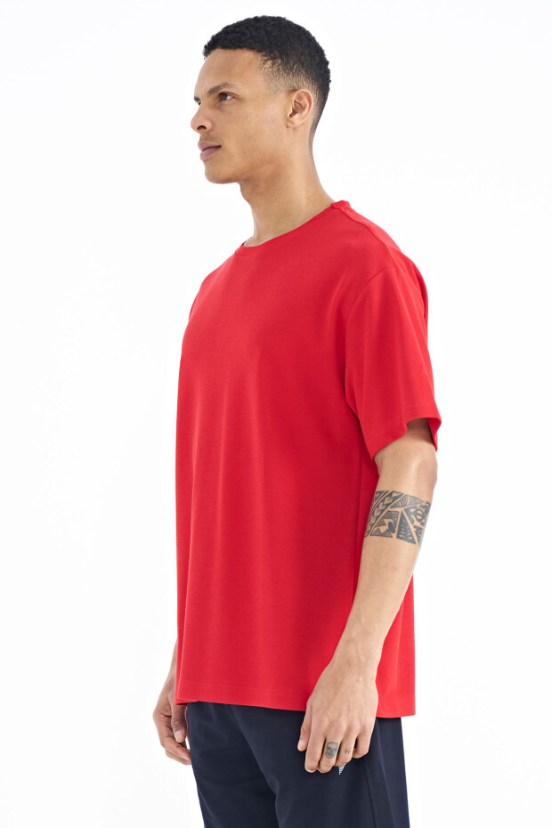 Kırmızı Kol Arma Detaylı Basic Oversize Erkek T-Shirt - 88193 - 6