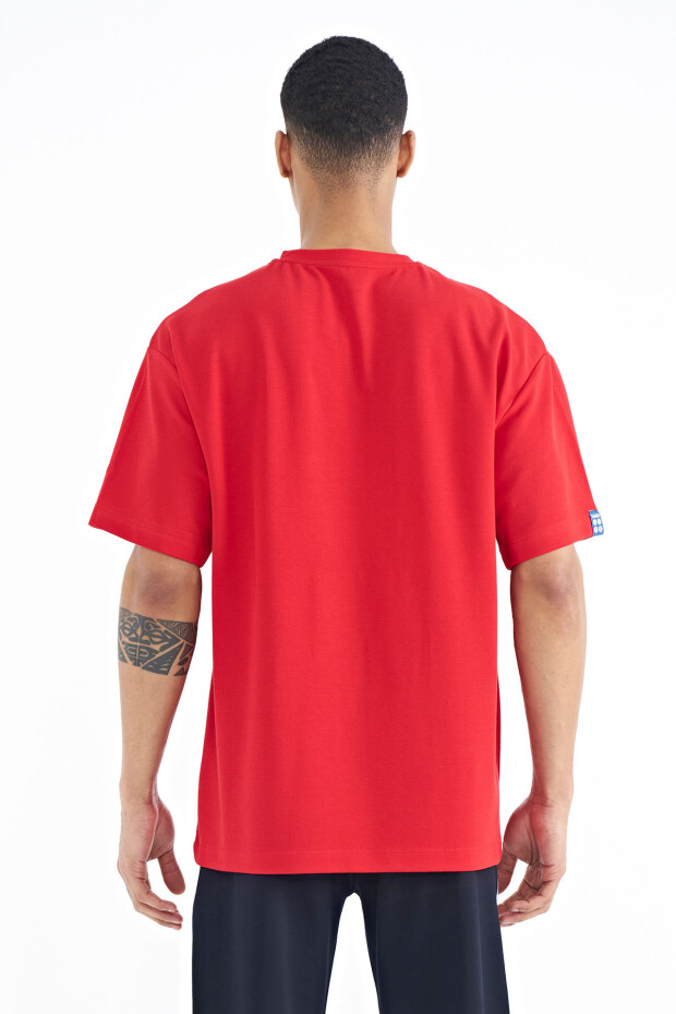 Kırmızı Kol Arma Detaylı Basic Oversize Erkek T-Shirt - 88193 - 7