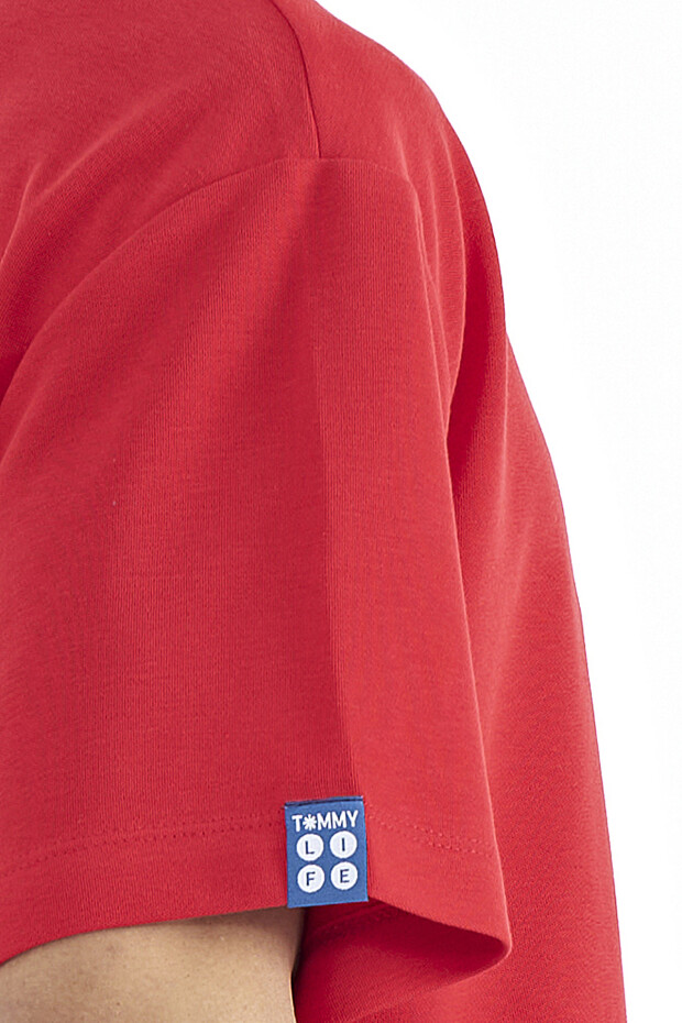 Kırmızı Kol Arma Detaylı Basic Oversize Erkek T-Shirt - 88193 - 3