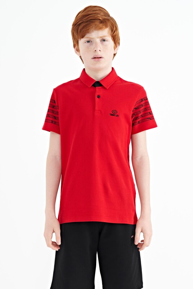 Kırmızı Kol Baskı Detaylı Standart Kalıp Polo Yaka Erkek Çocuk T-Shirt - 11093