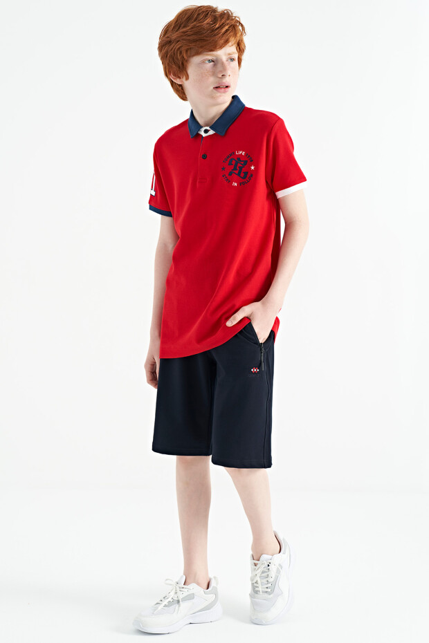 Kırmızı Kol Gögüs Nakış Detaylı Standart Kalıp Polo Yaka Erkek Çocuk T-Shirt - 11086