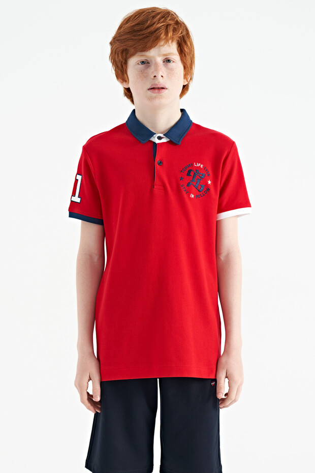 Kırmızı Kol Gögüs Nakış Detaylı Standart Kalıp Polo Yaka Erkek Çocuk T-Shirt - 11086