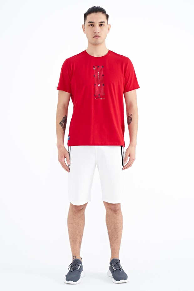 Kırmızı Kol Şerit Detaylı O Yaka Standart Kalıp Erkek T-shirt - 88234