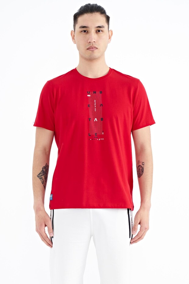 Kırmızı Kol Şerit Detaylı O Yaka Standart Kalıp Erkek T-shirt - 88234