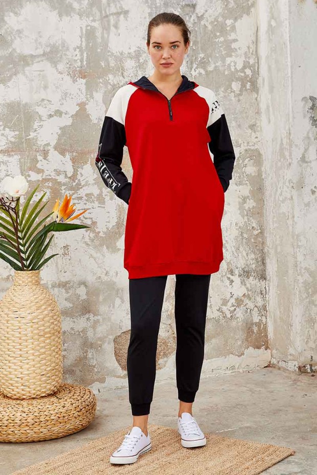 Kırmızı - Lacivert Kapüşonlu Yarım Fermuar Rahat Form Jogger Kadın Eşofman Tunik Takım - 95250