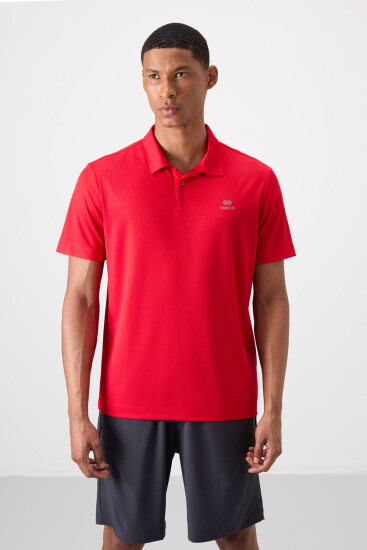 Kırmızı Logo Baskılı Standart Kalıp Polo Yaka Aktif Spor Erkek T-Shirt - 88252 