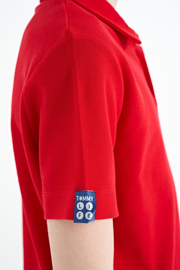 Kırmızı Minimal Nakış Detaylı Standart Kalıp Polo Yaka Erkek Çocuk T-Shirt - 11084