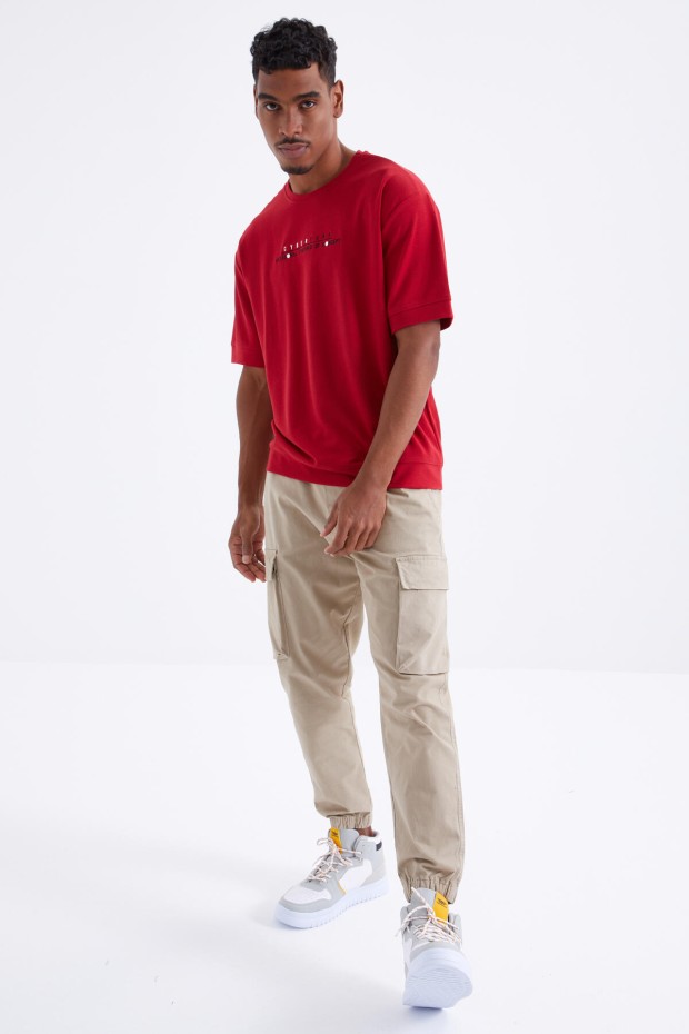 Kırmızı Minimal Yazı Nakışlı O Yaka Erkek Oversize T-Shirt - 88106