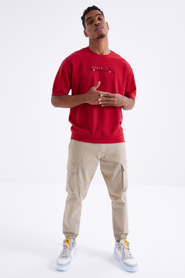 Kırmızı Minimal Yazı Nakışlı O Yaka Erkek Oversize T-Shirt - 88106
