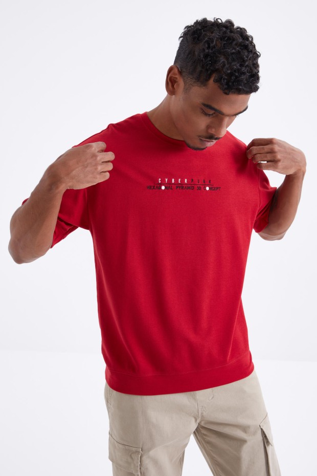 Kırmızı Minimal Yazı Nakışlı O Yaka Erkek Oversize T-Shirt - 88106