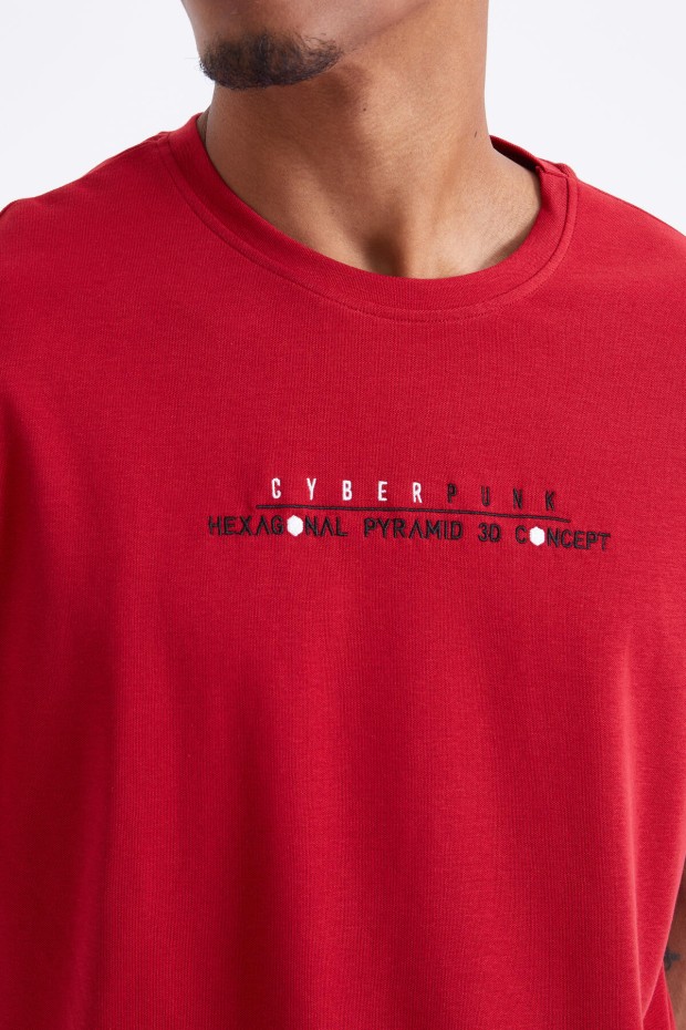 Kırmızı Minimal Yazı Nakışlı O Yaka Erkek Oversize T-Shirt - 88106