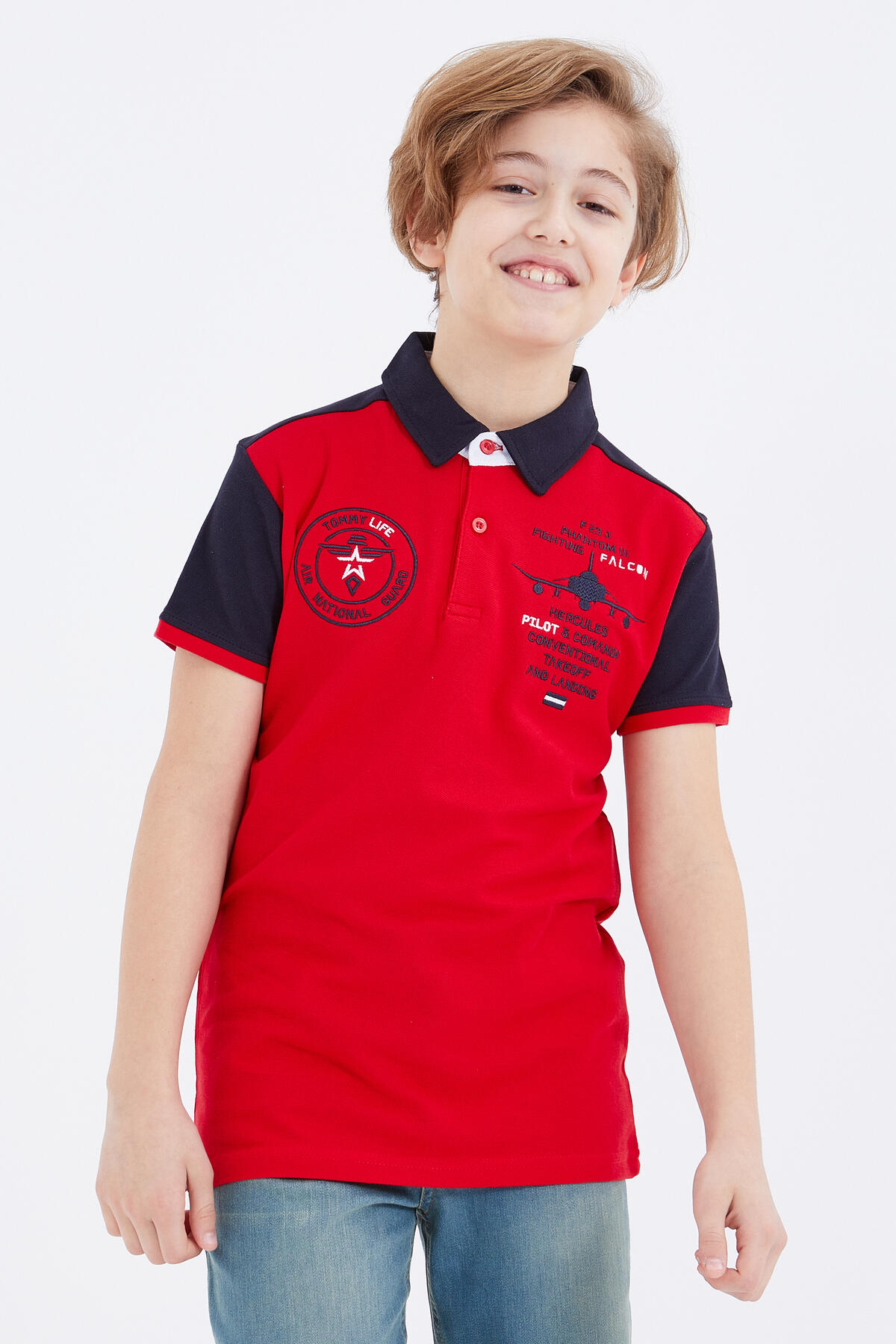 Kırmızı Nakış Detaylı Kısa Kollu Polo Yaka Erkek Çocuk T-Shirt - 10906