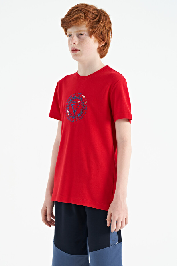 Kırmızı Nakış İşleme Detaylı O Yaka Standart Kalıp Erkek Çocuk T-Shirt - 11115 - 4