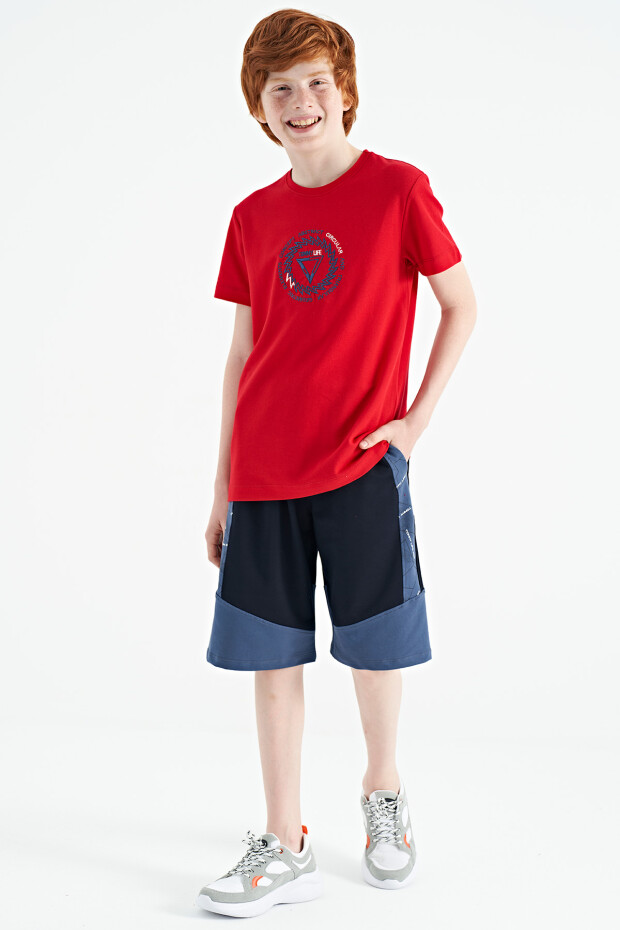 Kırmızı Nakış İşleme Detaylı O Yaka Standart Kalıp Erkek Çocuk T-Shirt - 11115 - 7