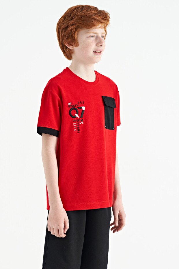 Kırmızı O Yaka Oversize Cep Detaylı Erkek Çocuk T-Shirt - 11152