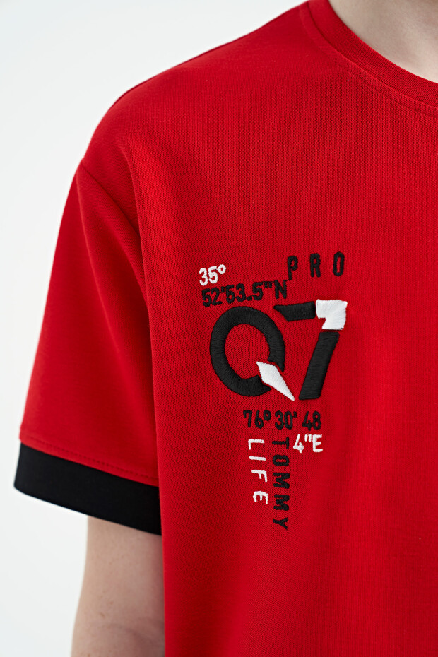 Kırmızı O Yaka Oversize Cep Detaylı Erkek Çocuk T-Shirt - 11152