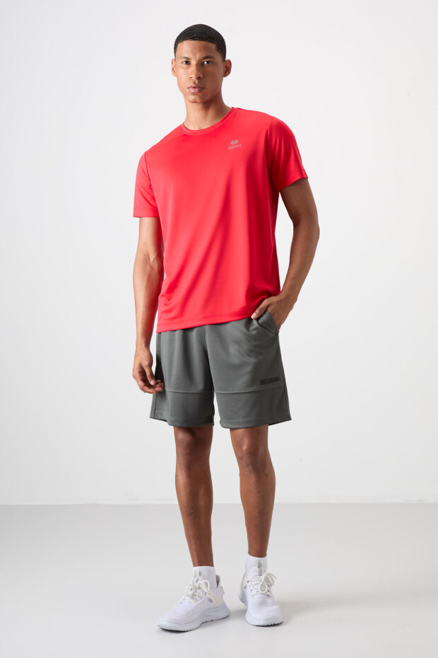 Kırmızı O Yaka Standart Kalıp Logo Desenli Aktif Spor Erkek T-Shirt - 88255
