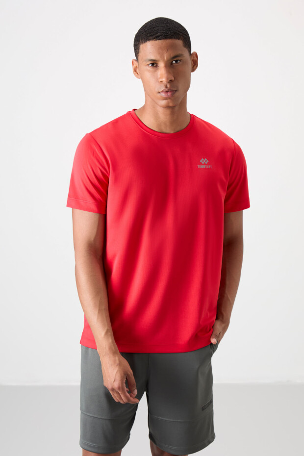 Kırmızı O Yaka Standart Kalıp Logo Desenli Aktif Spor Erkek T-Shirt - 88255
