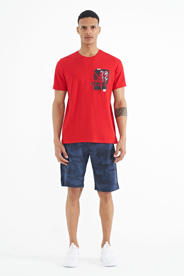 Kırmızı Ön Arka Baskı Detaylı Standart Form Erkek T-shirt - 88233