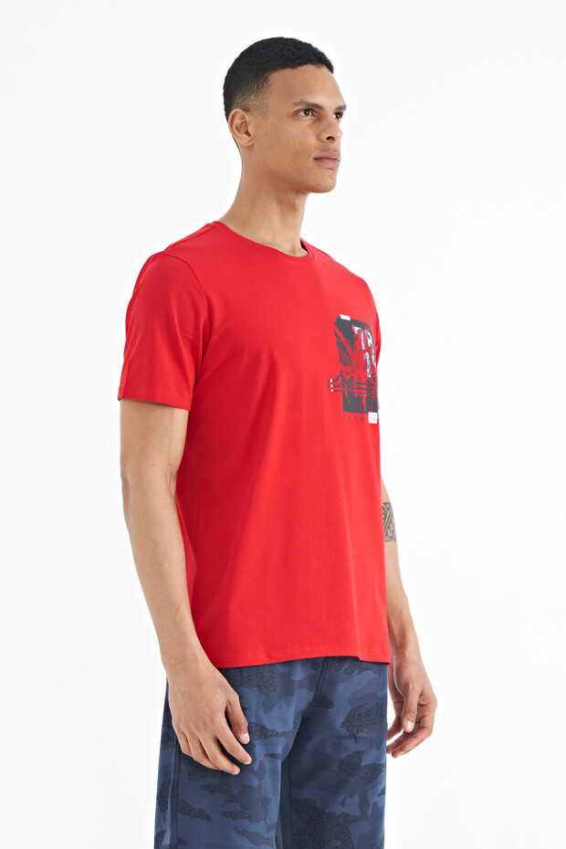 Kırmızı Ön Arka Baskı Detaylı Standart Form Erkek T-shirt - 88233