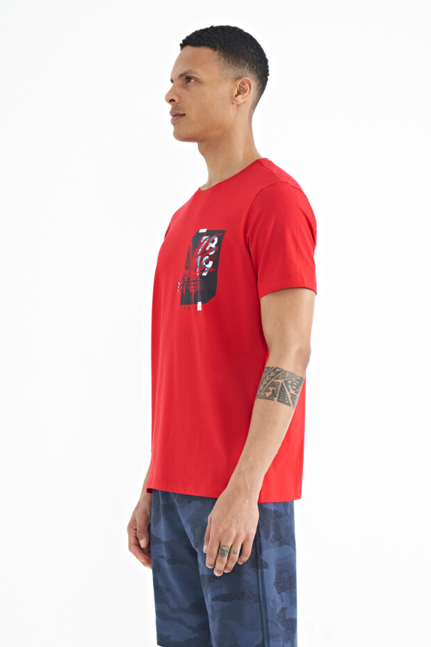 Kırmızı Ön Arka Baskı Detaylı Standart Form Erkek T-shirt - 88233