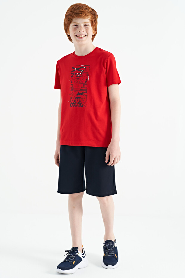 Kırmızı Ön Baskı Detaylı O Yaka Standart Kalıp Erkek Çocuk T-Shirt - 11099