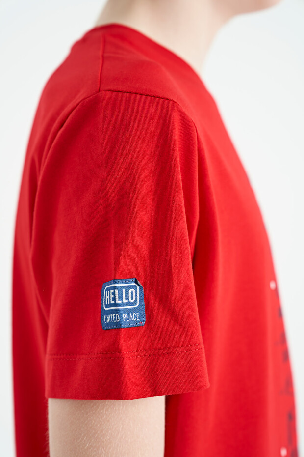 Kırmızı Ön Baskı Detaylı O Yaka Standart Kalıp Erkek Çocuk T-Shirt - 11099