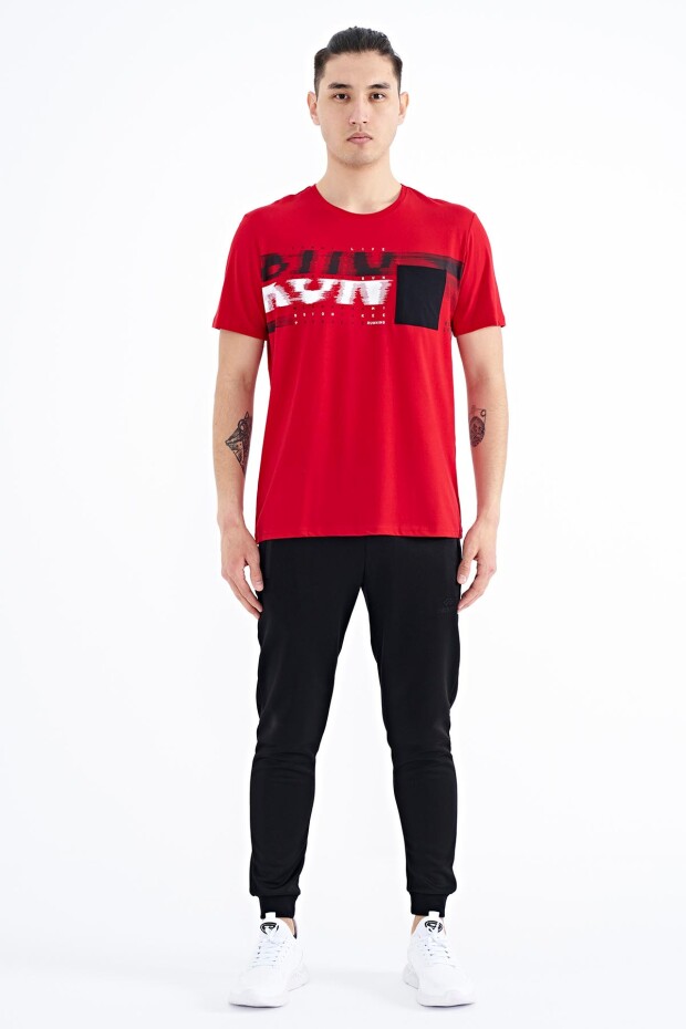 Kırmızı Ön Cep Detaylı Baskılı Standart Kalıp Erkek T-shirt - 88200