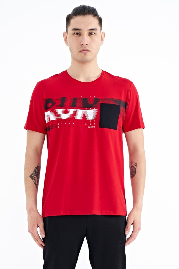 Kırmızı Ön Cep Detaylı Baskılı Standart Kalıp Erkek T-shirt - 88200