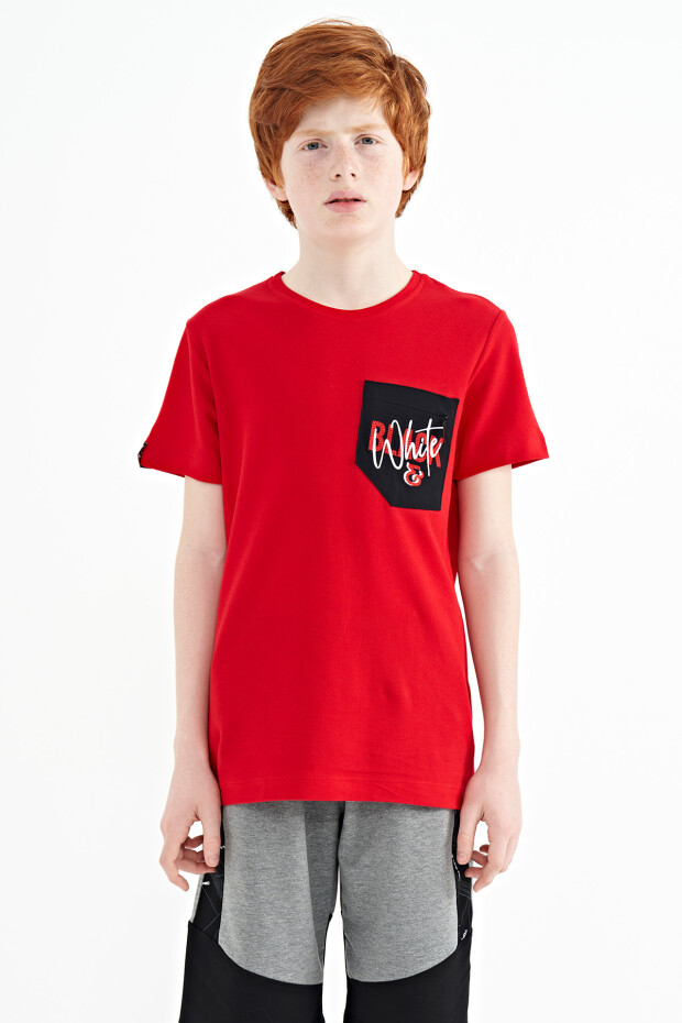 Kırmızı Ön Cepli Nakış Detaylı O Yaka Standart Kalıp Erkek Çocuk T-Shirt - 11116