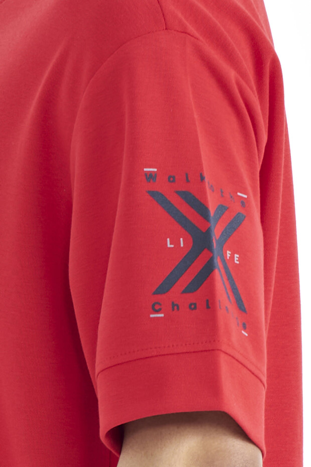 Kırmızı Ön ve Kol Baskı Detaylı O Yaka Oversize Erkek T-shirt - 88180