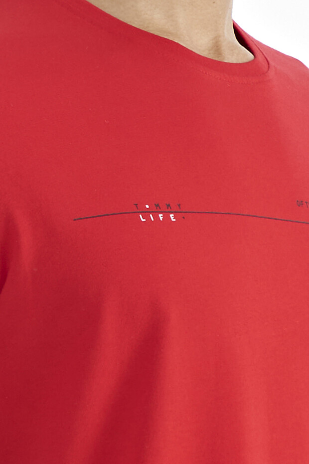 Kırmızı Ön Ve Kol Baskı Detaylı Standart Form O Yaka Erkek T-shirt - 88213