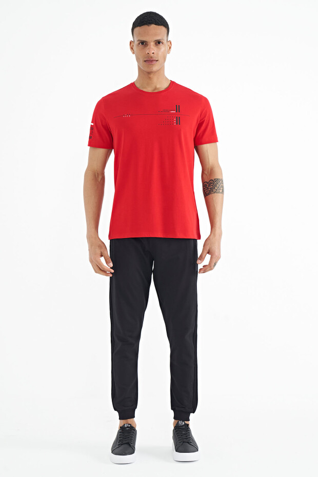 Kırmızı Ön Ve Kol Baskı Detaylı Standart Form O Yaka Erkek T-shirt - 88213