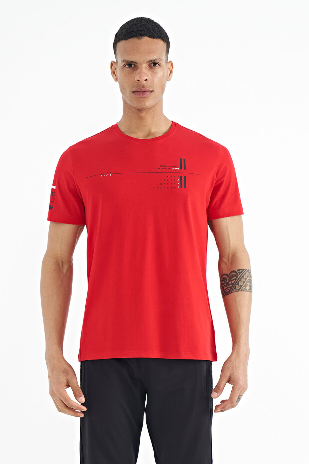 Kırmızı Ön Ve Kol Baskı Detaylı Standart Form O Yaka Erkek T-shirt - 88213
