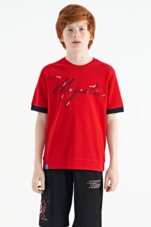 Kırmızı Ön Yazı Nakışlı O Yaka Oversize Erkek Çocuk T-Shirt - 11147