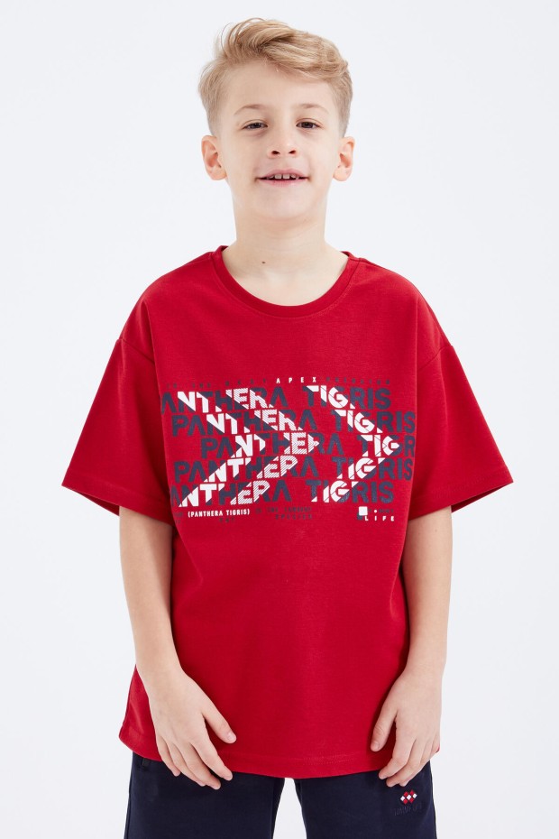 Kırmızı Oversize Yazı Baskılı Kısa Kollu O Yaka Erkek Çocuk T-Shirt - 10930