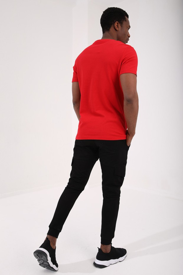 Kırmızı Petek Dokulu Çift Ok Logolu Standart Kalıp O Yaka Erkek T-Shirt - 87921
