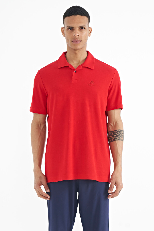 Kırmızı Polo Yaka Logo Nakışlı Standart Form Erkek T-shirt - 88237