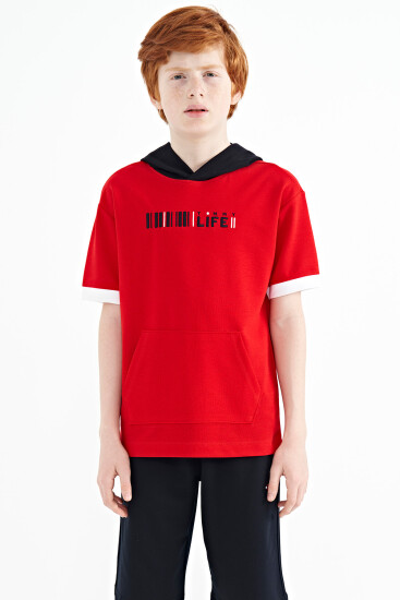 Kırmızı Renk Bloklu Kapüşonlu Kanguru Cepli Oversize Erkek Çocuk T-Shirt - 11148 