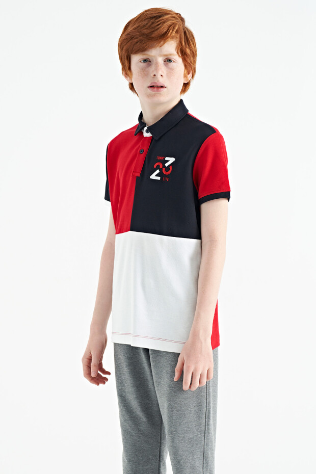 Kırmızı Renk Bloklu Nakış Detaylı Standart Kalıp Polo Yaka Erkek Çocuk T-Shirt - 11108