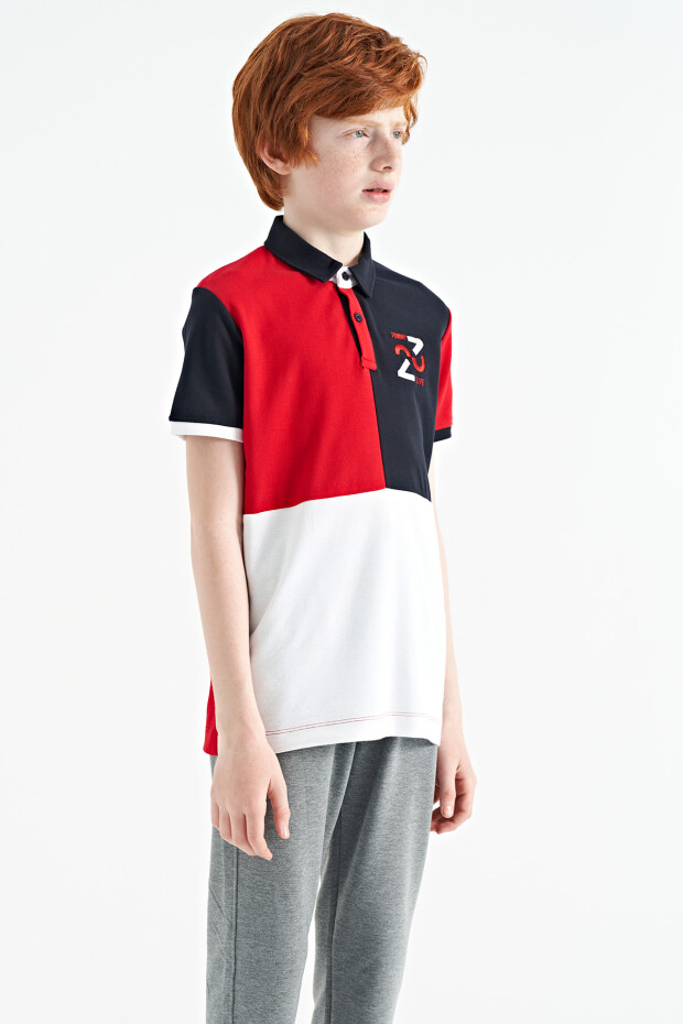 Kırmızı Renk Bloklu Nakış Detaylı Standart Kalıp Polo Yaka Erkek Çocuk T-Shirt - 11108