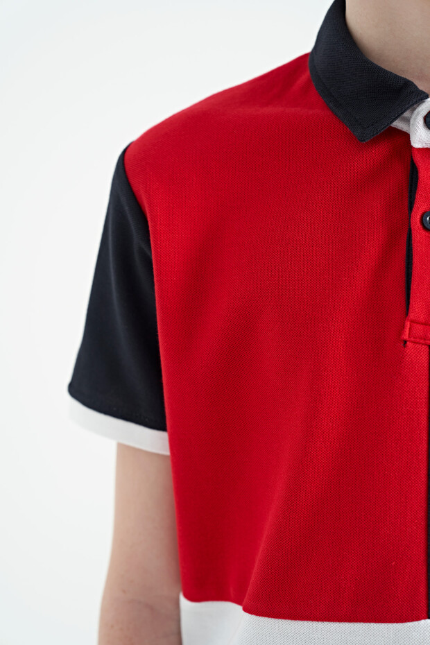 Kırmızı Renk Bloklu Nakış Detaylı Standart Kalıp Polo Yaka Erkek Çocuk T-Shirt - 11108
