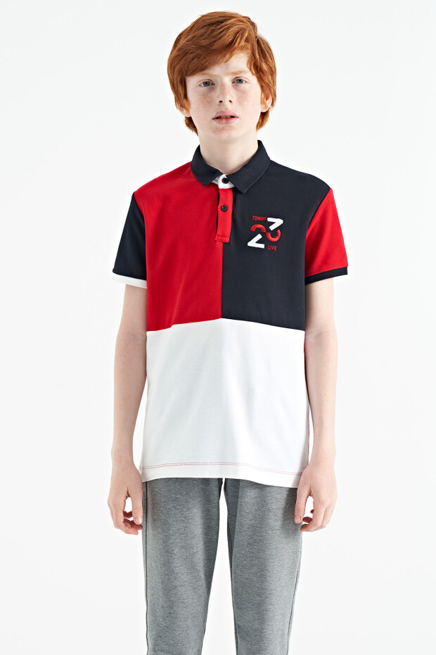 Kırmızı Renk Bloklu Nakış Detaylı Standart Kalıp Polo Yaka Erkek Çocuk T-Shirt - 11108