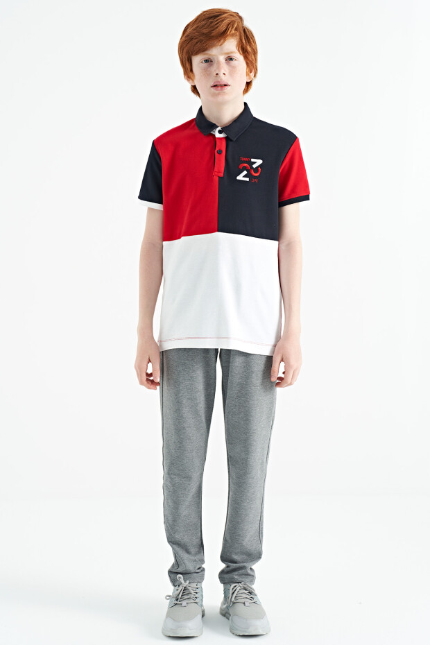 Kırmızı Renk Bloklu Nakış Detaylı Standart Kalıp Polo Yaka Erkek Çocuk T-Shirt - 11108
